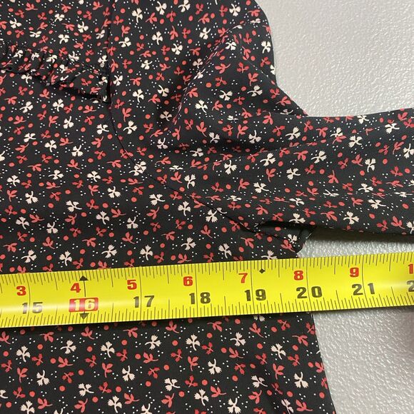 LOFT Blouse Floral Ruffle Trim V-Neck Puff Long Sleeve Pleated Womens S Black - Picture 6 of 13